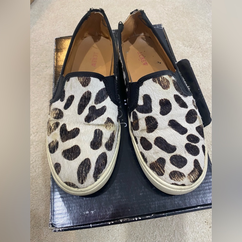 J. Crew Snow Leopard Calf Hair Slip On Sneakers SZ 7